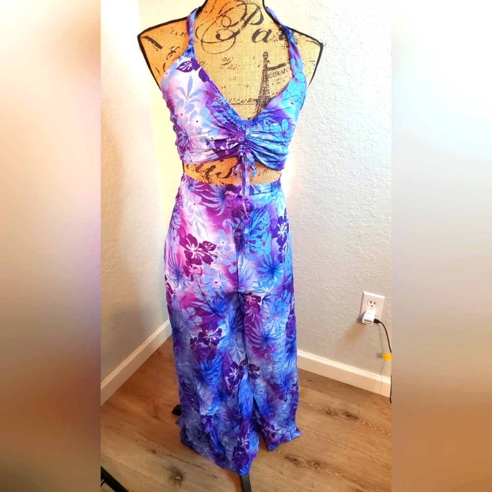 Floral Halter Top and Skirt Set - Purple and Blue